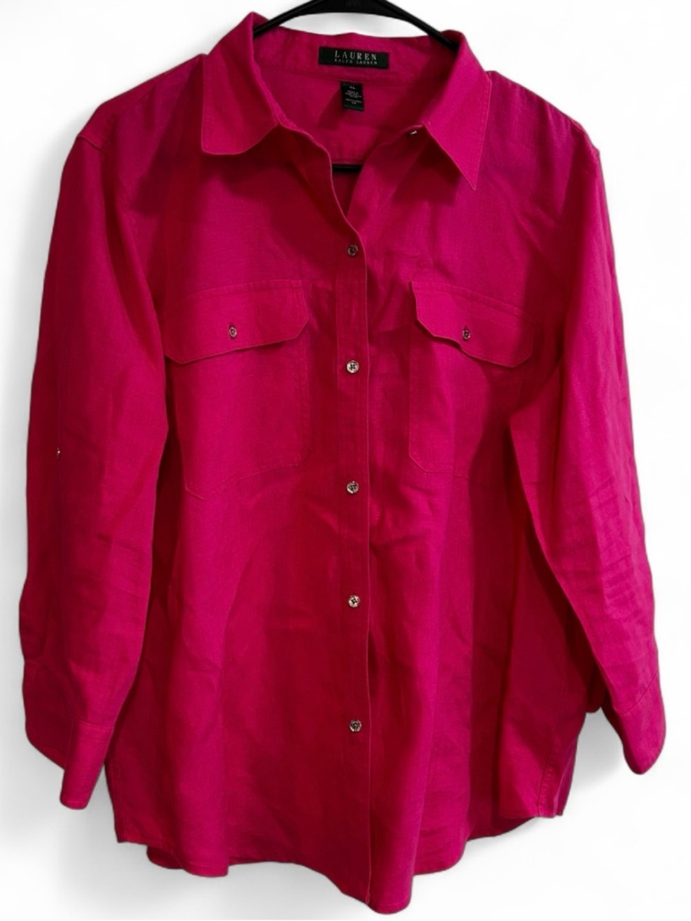 Ralph Lauren Fuchsia Button-Front Long Sleeve Blouse, 100 %LINEN.